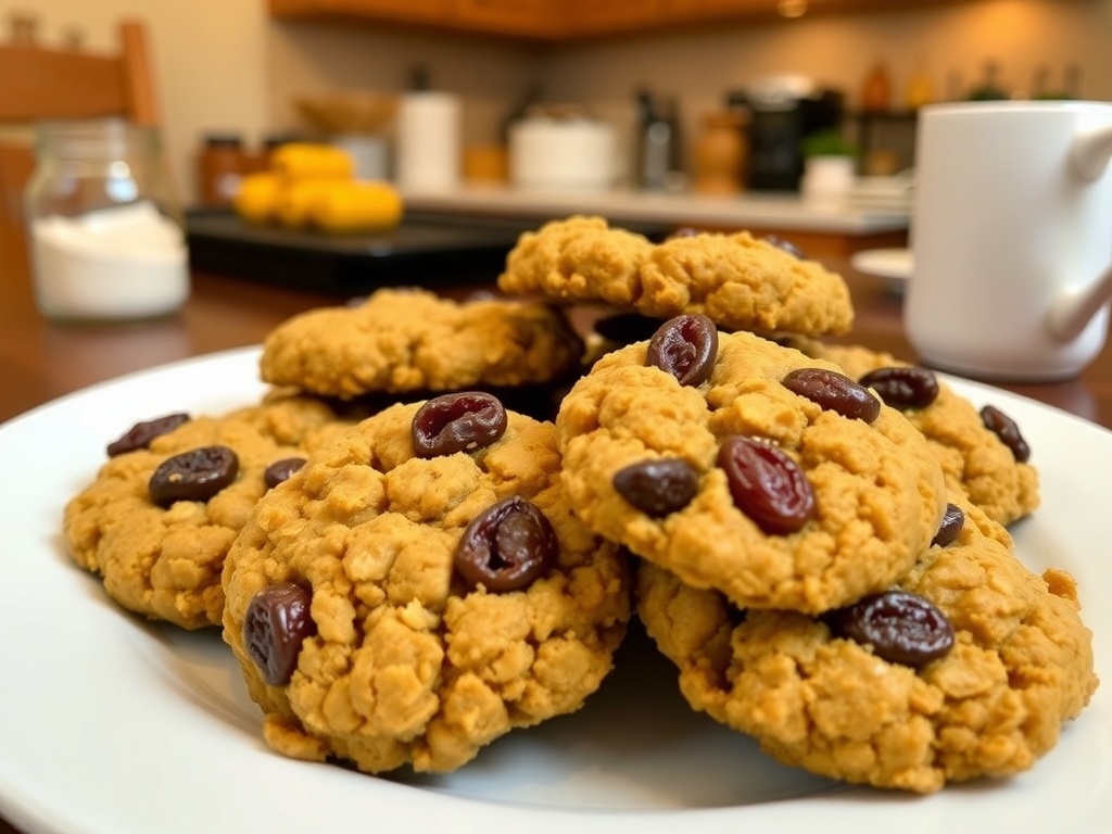 A plate of healthy chickpea oatmeal raisin cookies with raisins, set in a cozy kitchen.
